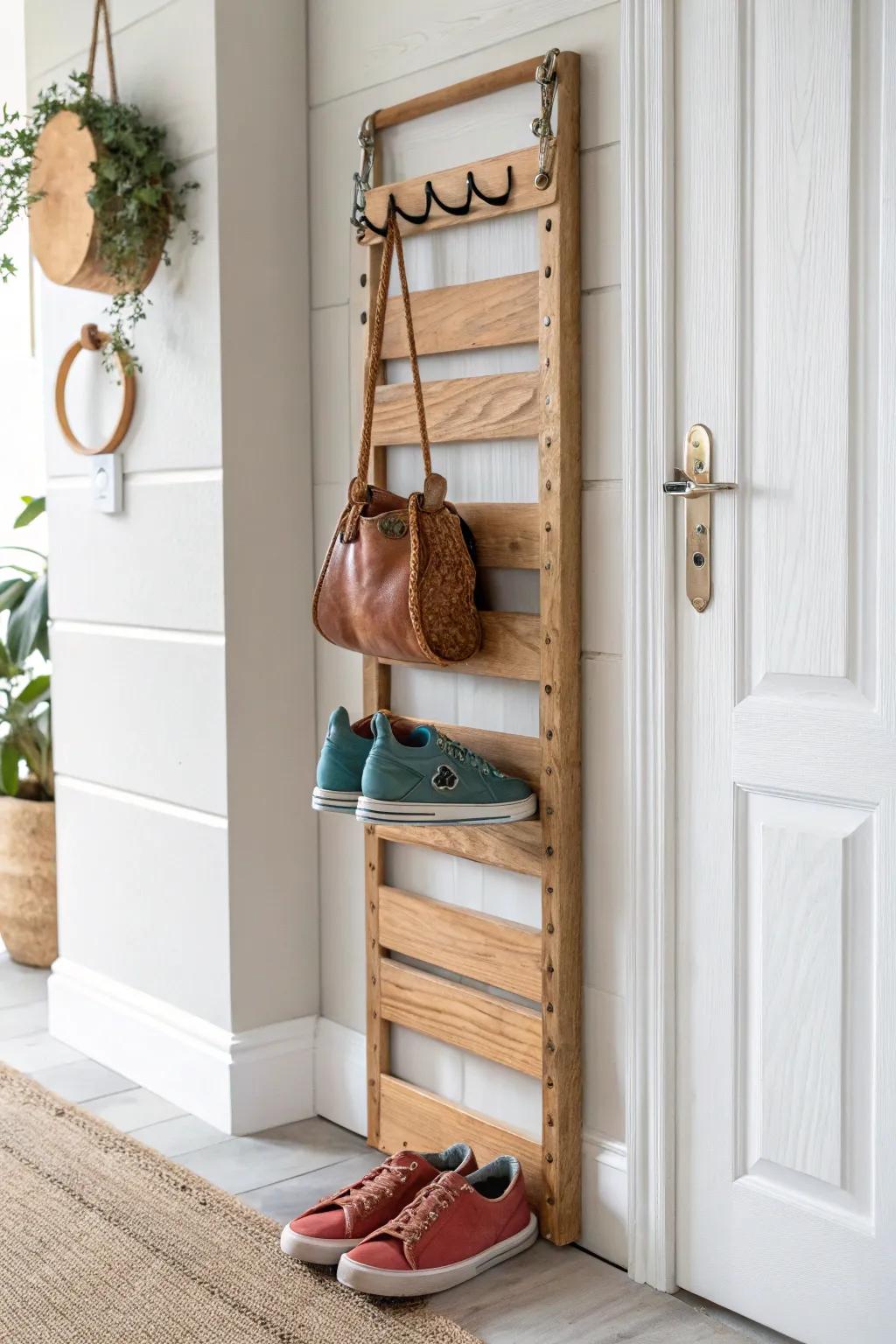 Slim over-the-door oak shoe rack keeps the garage entry airy—minimal, warm, and organized.