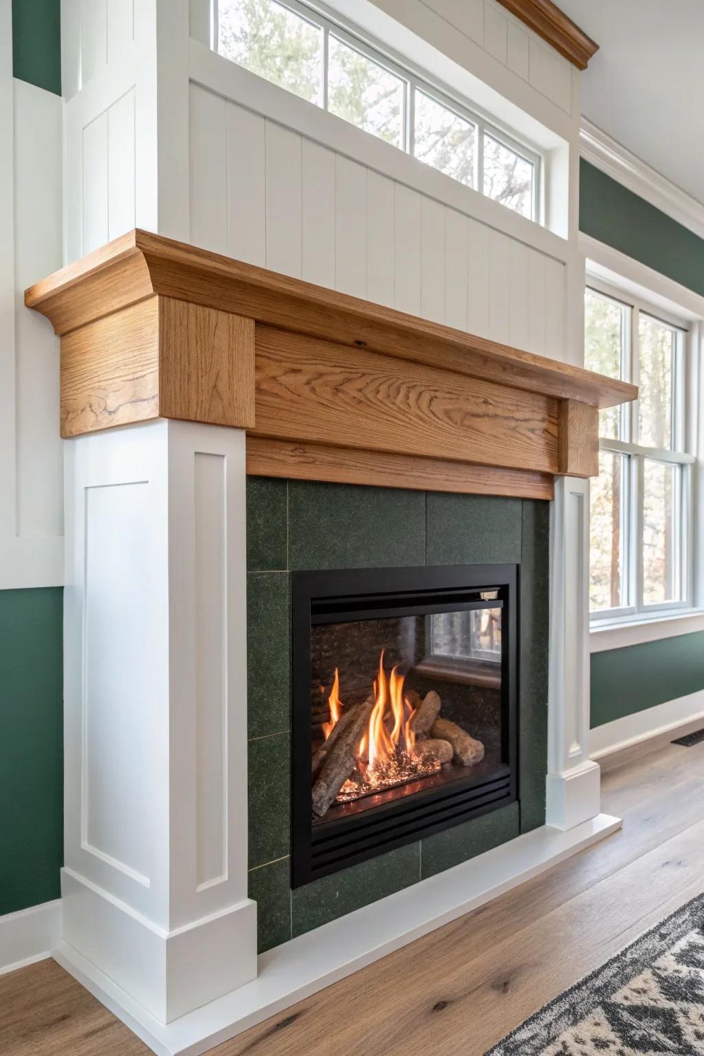 Lowered mantel = instant balance—warm oak and matte black make your gas fireplace feel right.