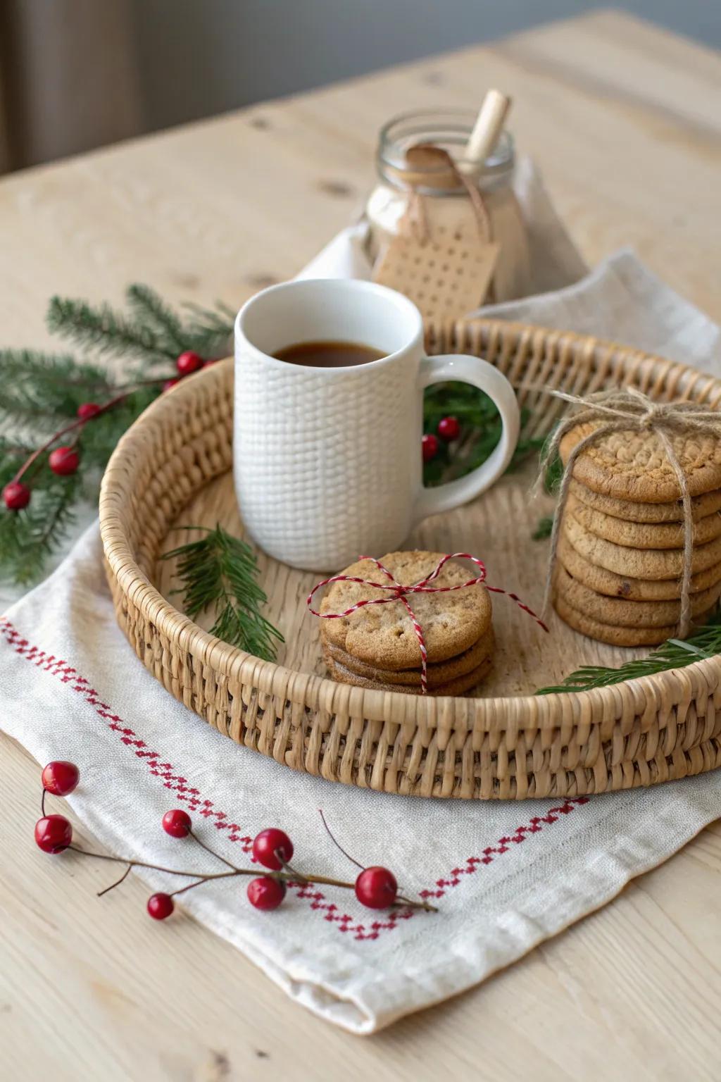 Holiday morning basket tray with cocoa, cookies, and handmade wood-slice tags in festive red & green.