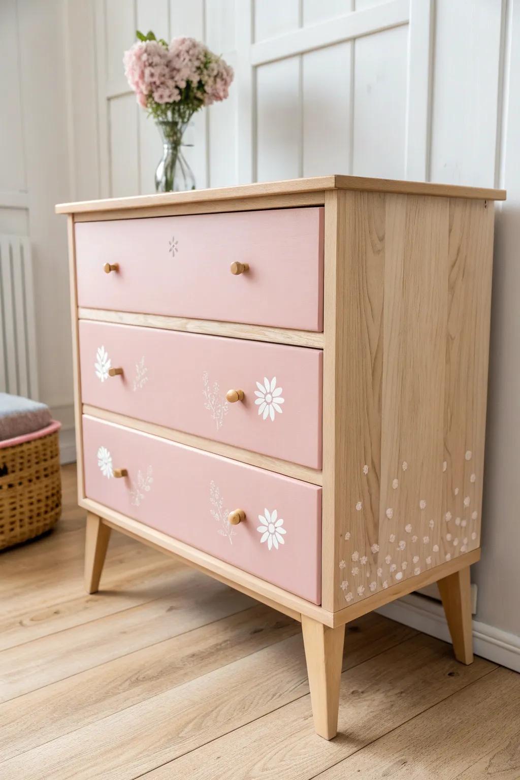 Soft blush paint with creamy floral stencil drawer fronts—sweet cottage charm, clean and modern.
