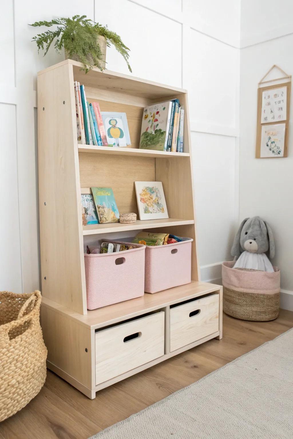 Bookcase + bottom toy cubbies: pretty shelves up top, hidden toy storage down low.