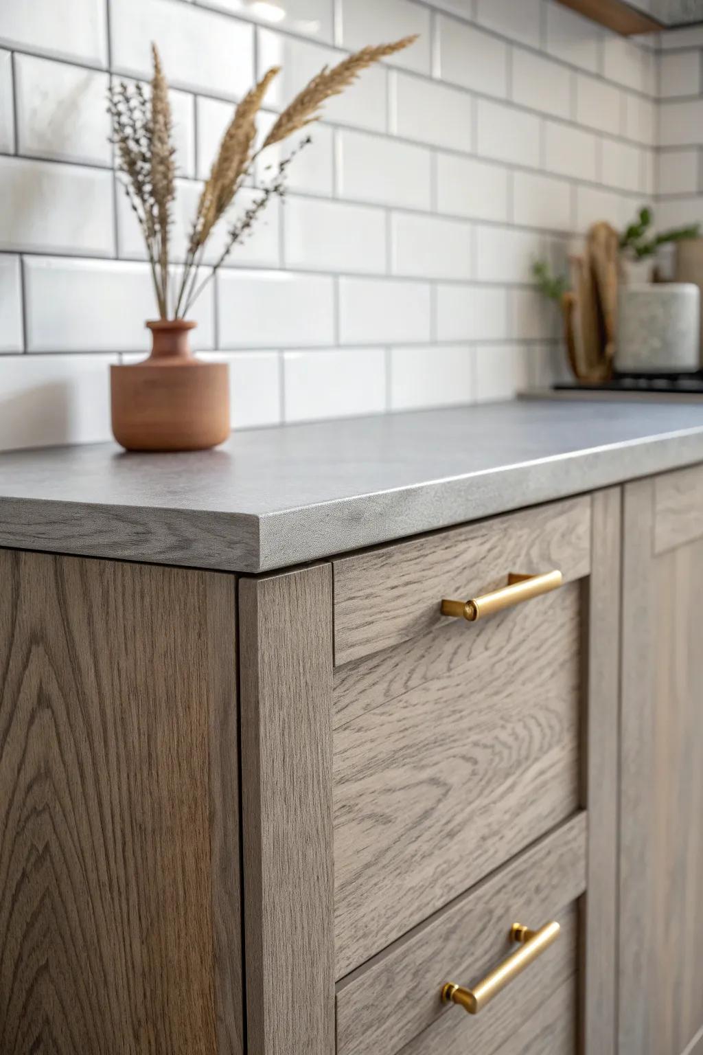 Crisp gray cabinetry meets classic white subway tile—clean contrast with a warm brass touch.