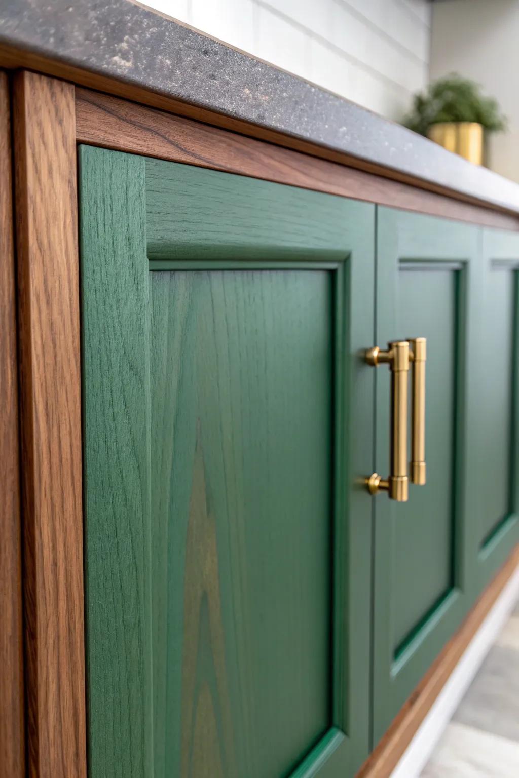 Brass-look pulls that instantly unite green cabinets with warm wood for a finished kitchen feel.