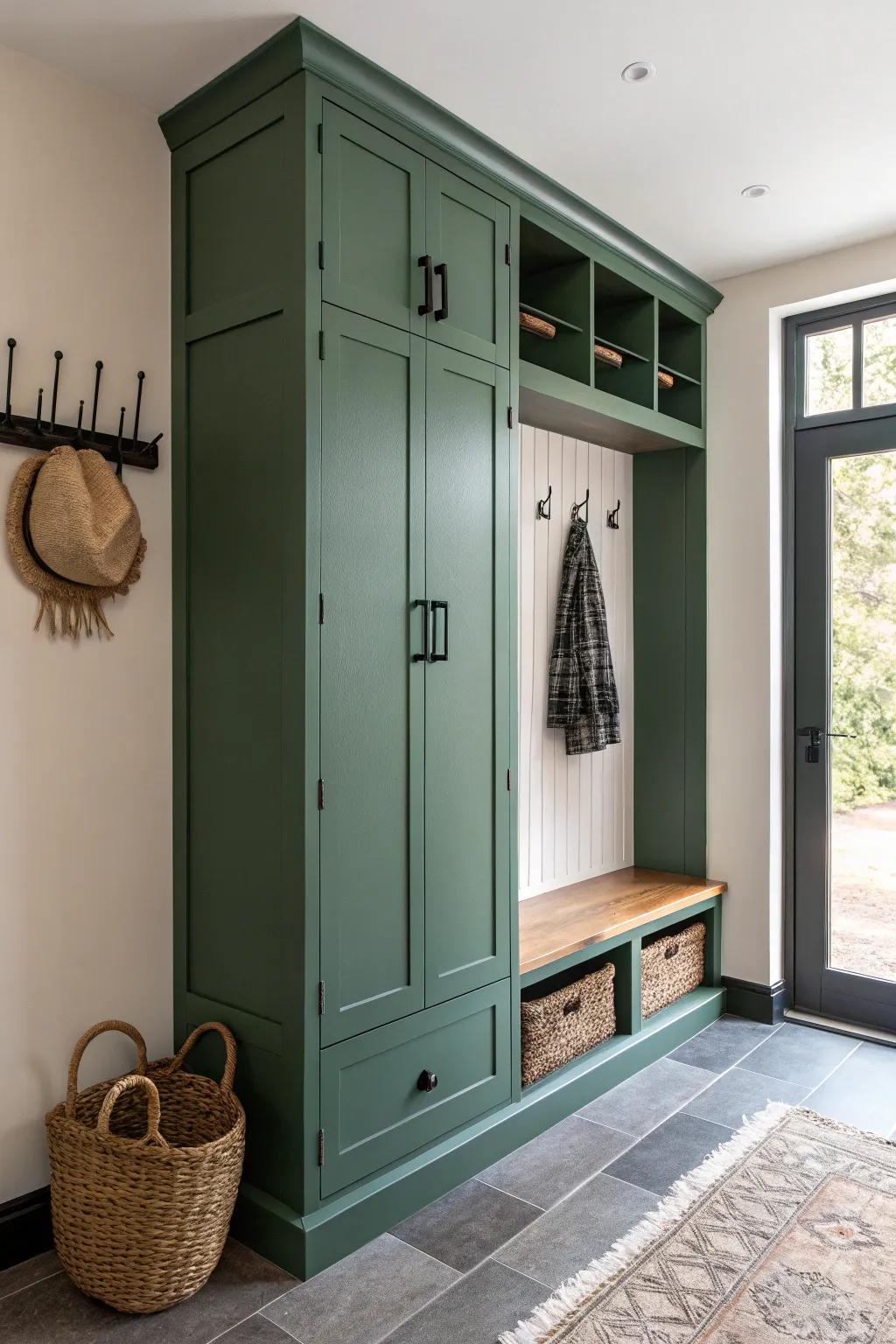 Forest-green mudroom cabinets with matte-black hooks—crisp contrast and room for bulky coats.