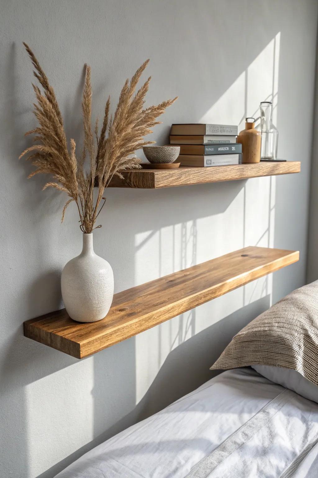 Warm floating wood shelf on cool grey walls—minimal, crafted, and softly boho.