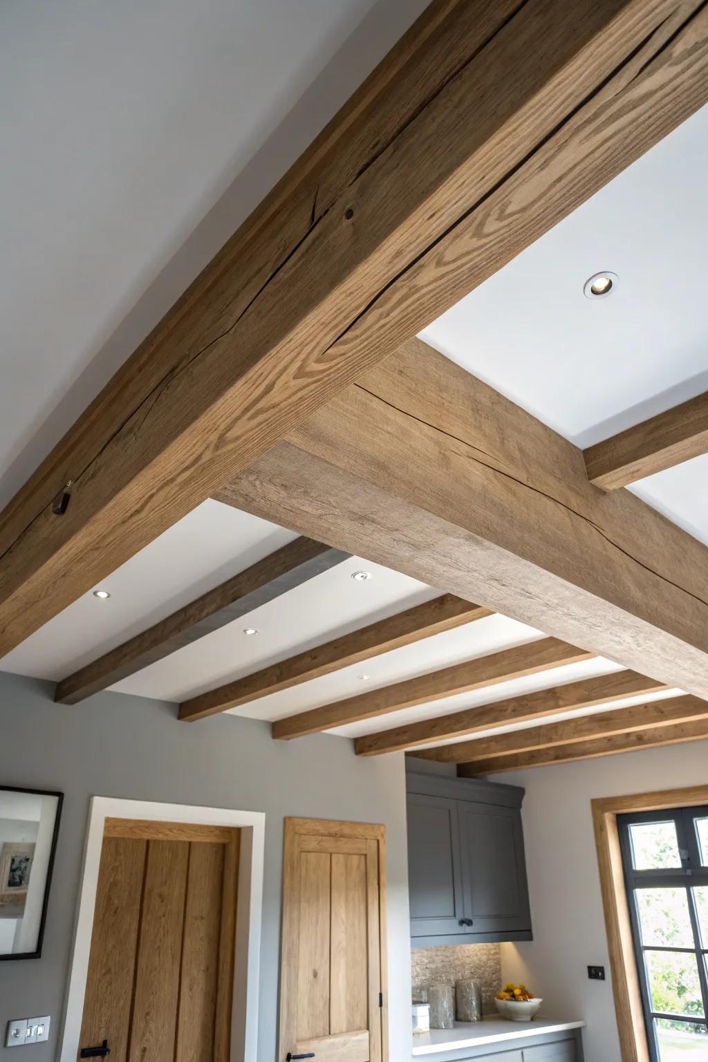 Warm oak beams against a soft grey ceiling—timeless contrast that makes the whole room feel cozier.