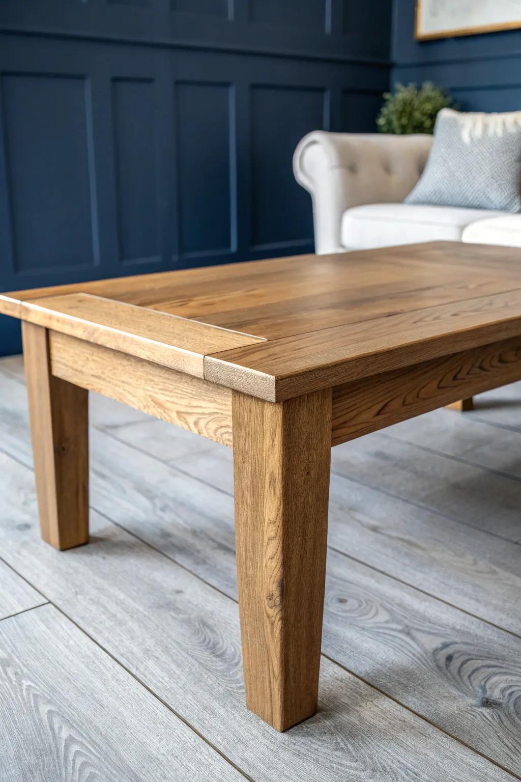 Deep navy accent wall + gray floors—warm oak craftsmanship adds instant high-end depth.