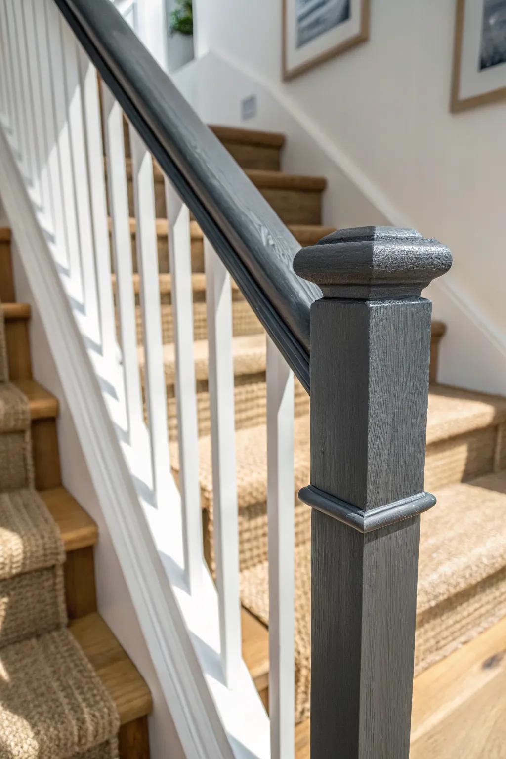 Charcoal-gray banister frames a textured runner, making the stairwell feel instantly designed.