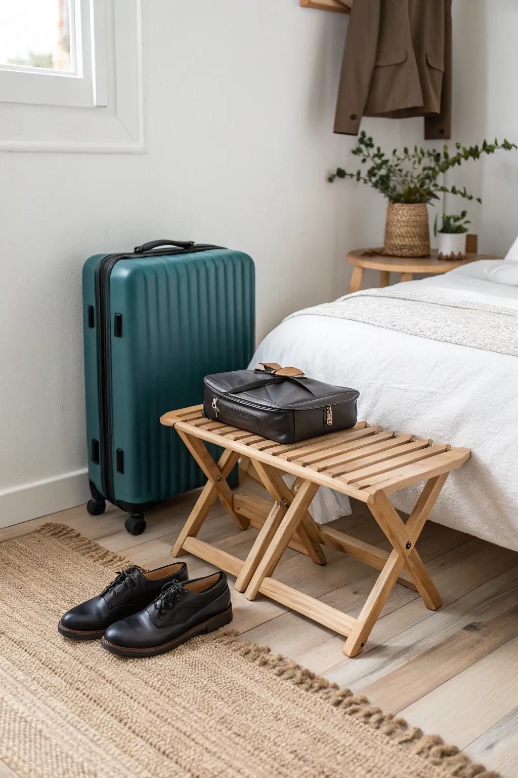 Two matching wooden stools become chic mini luggage racks—separate suitcase and shoes with ease.