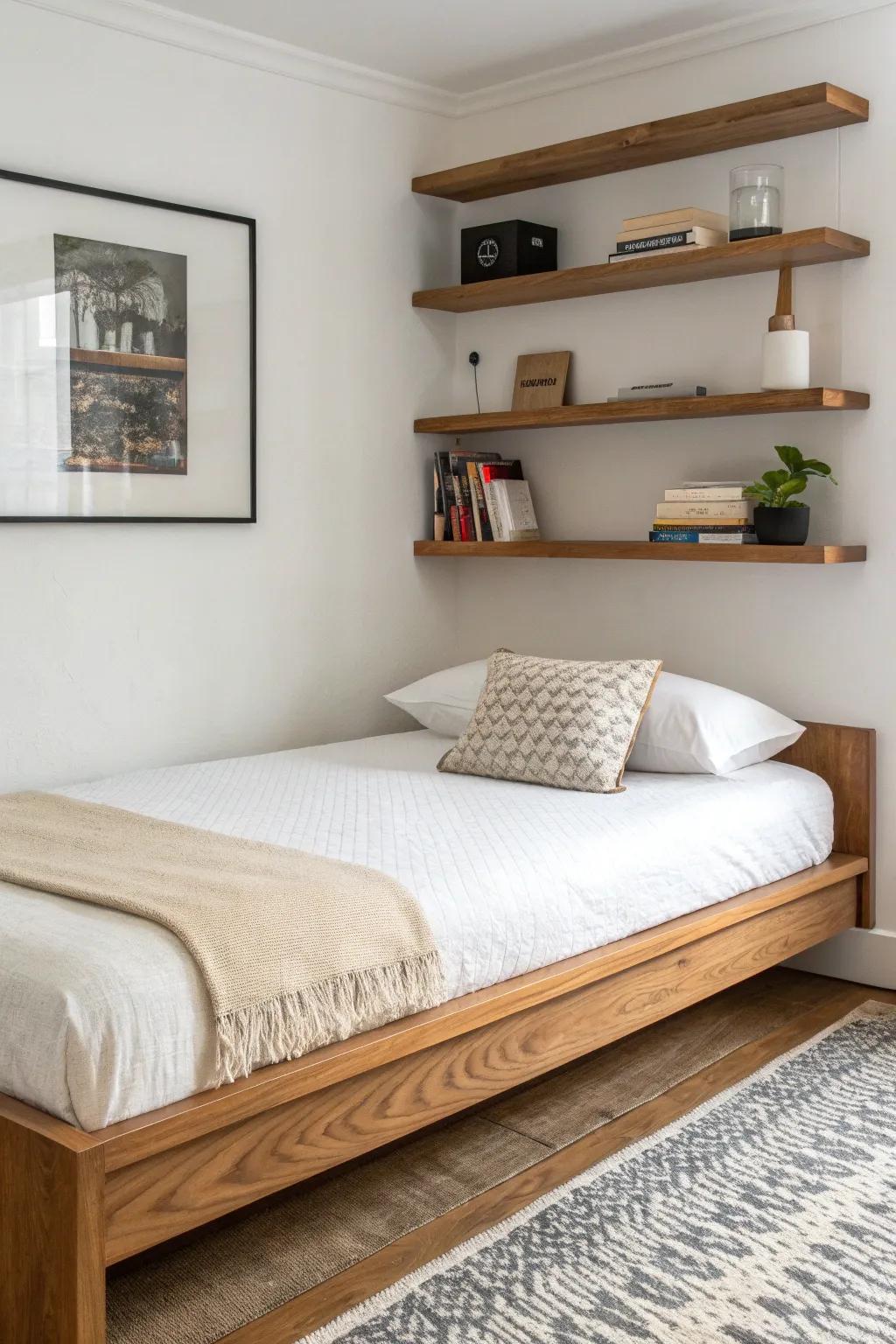 Space-saving guest daybed with slim floating shelves—handcrafted wood, cozy, clutter-free.