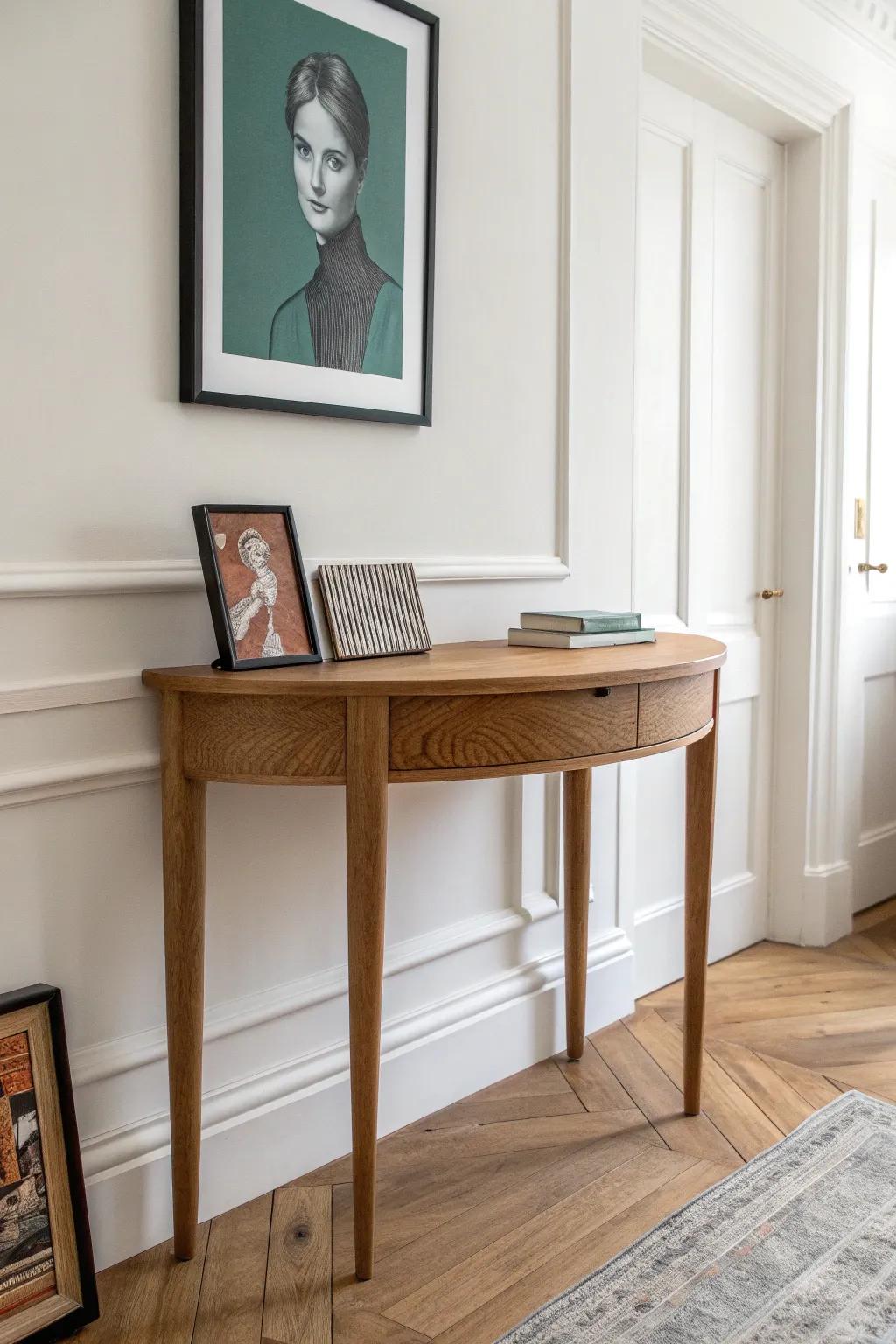 Warm wood frames layered on a half‑moon console—simple, relaxed, and gallery‑ready.