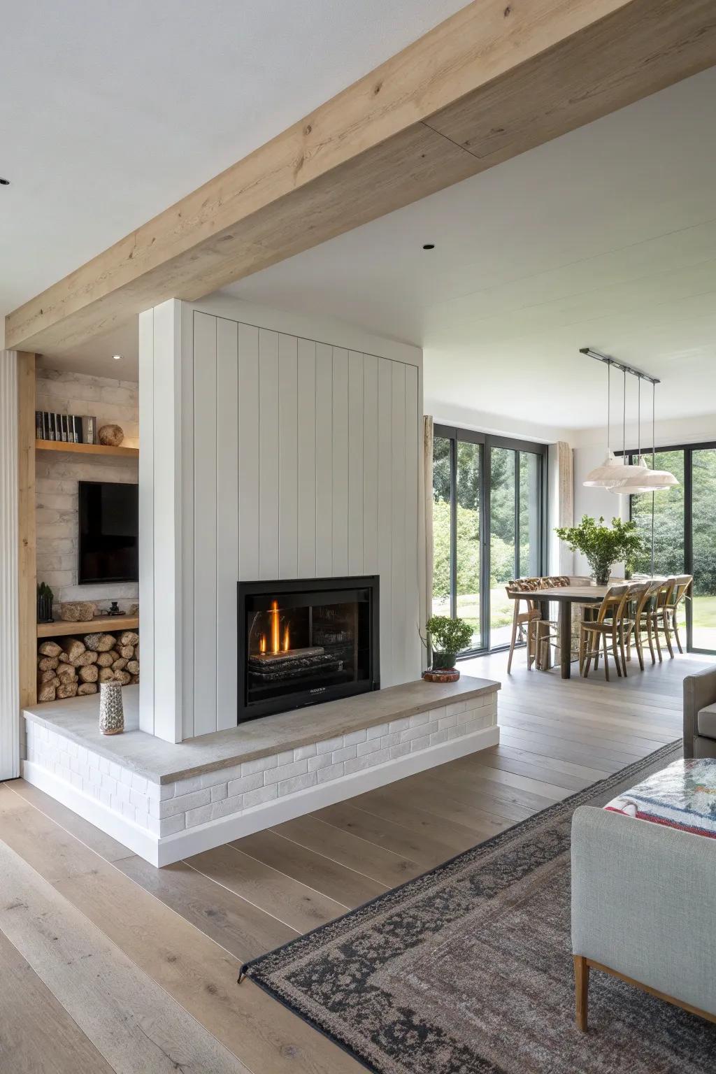 Half-wall fireplace divider in pale oak and matte black—Scandi minimal with a warm boho pop.