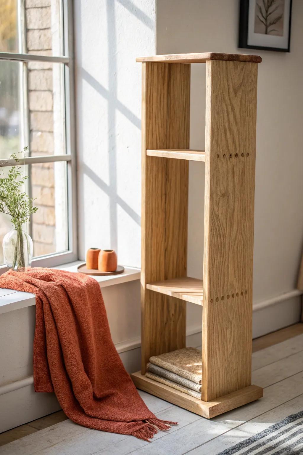 Stop towel-stack avalanches with slim handmade wood shelf dividers—simple, tidy, beautiful.