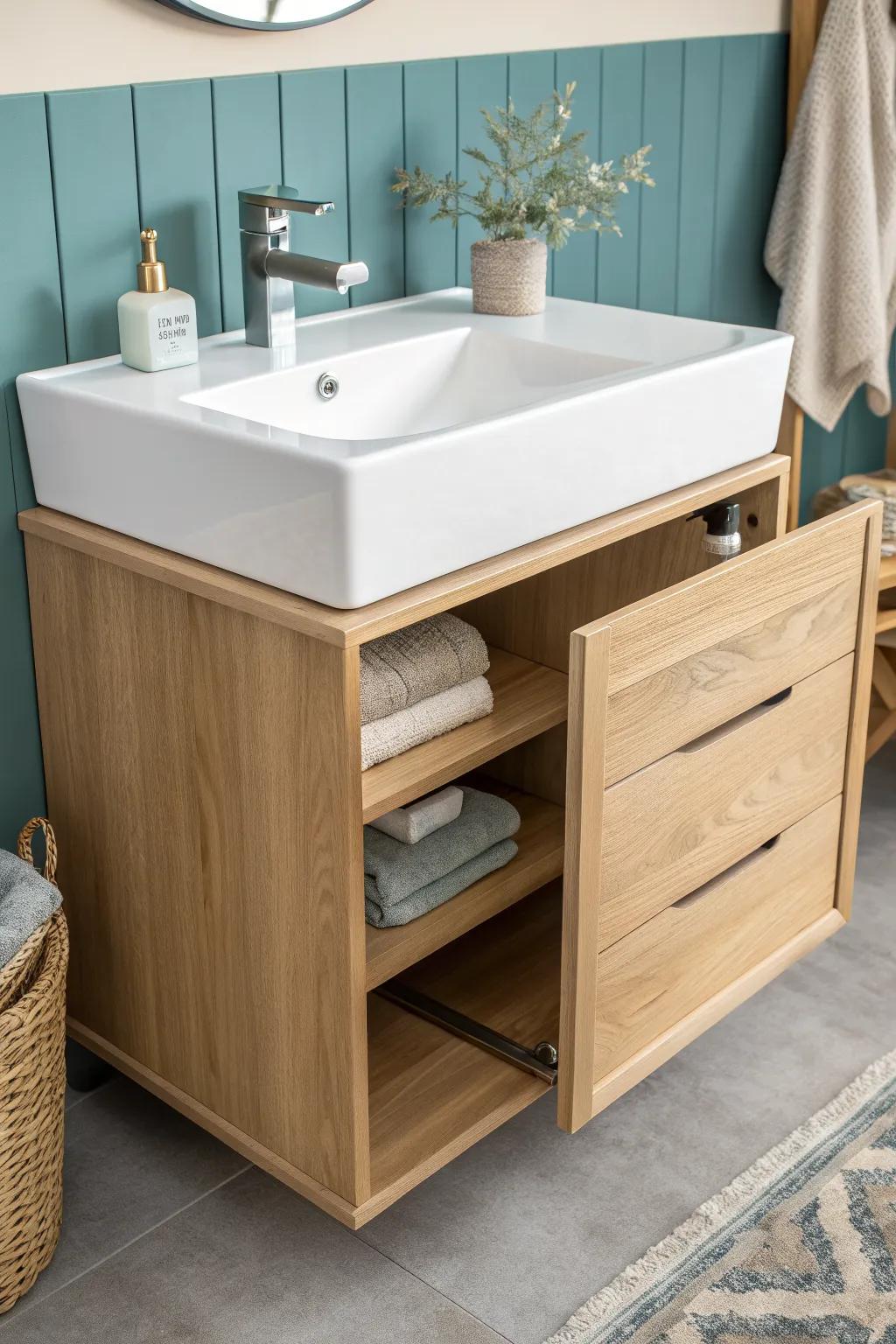 Smart vanity design: a hidden removable access panel for quick repairs—no tools needed.