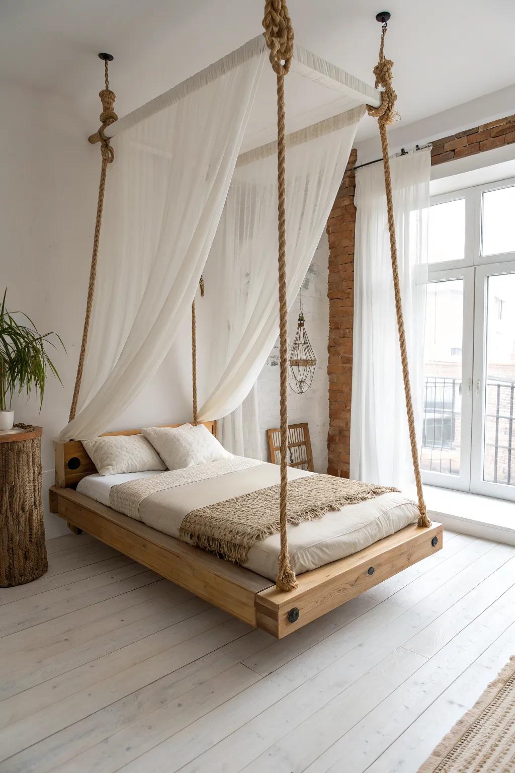 A canopy-style hanging bed in warm wood and soft linen—your room’s coziest design bubble.