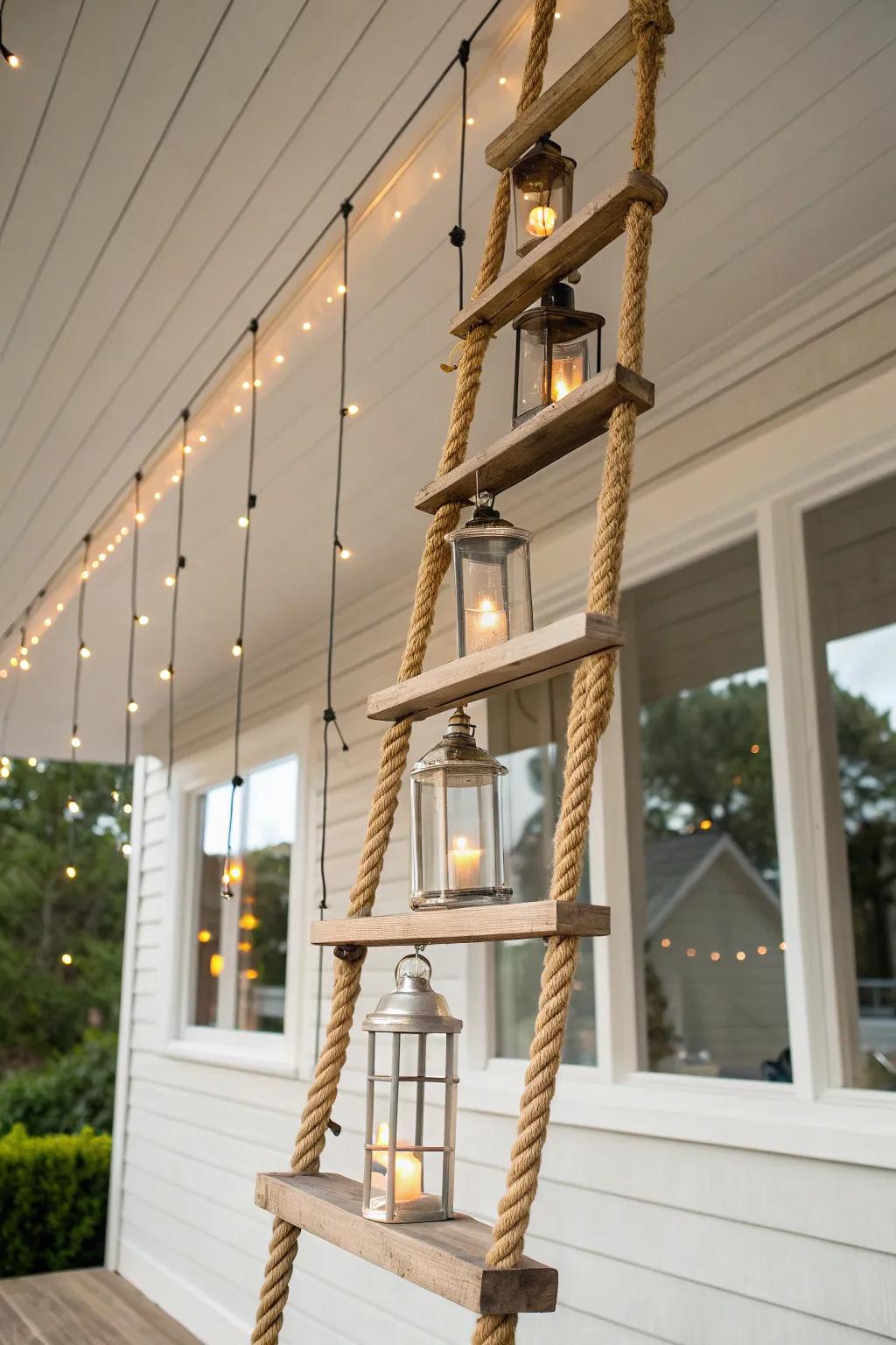 Porch lantern party: a hanging wooden ladder glowing with lanterns and soft string lights.
