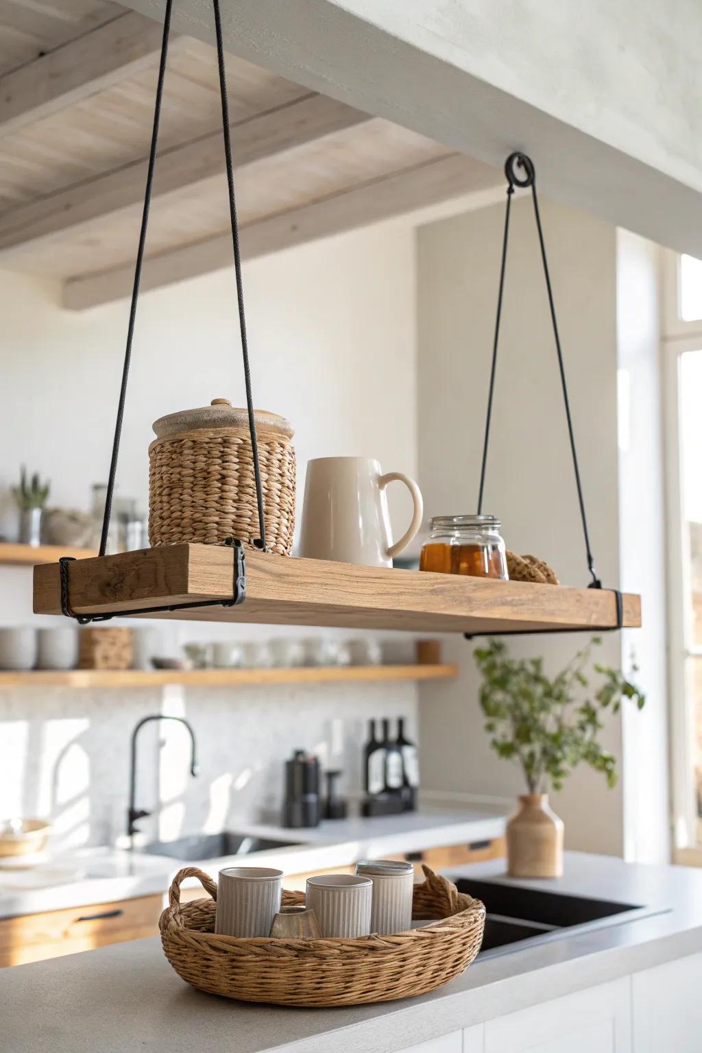 Ceiling-hung oak shelf bar: airy storage for mugs and jars with modern boho warmth.