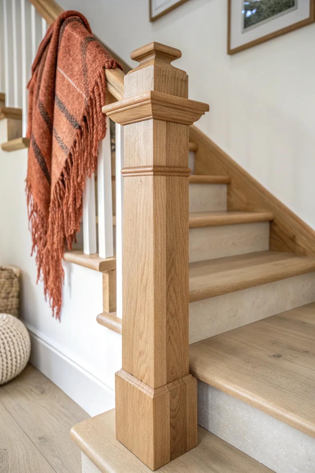A chunky hardwood newel post turns simple stairs into a high-end, crafted statement.
