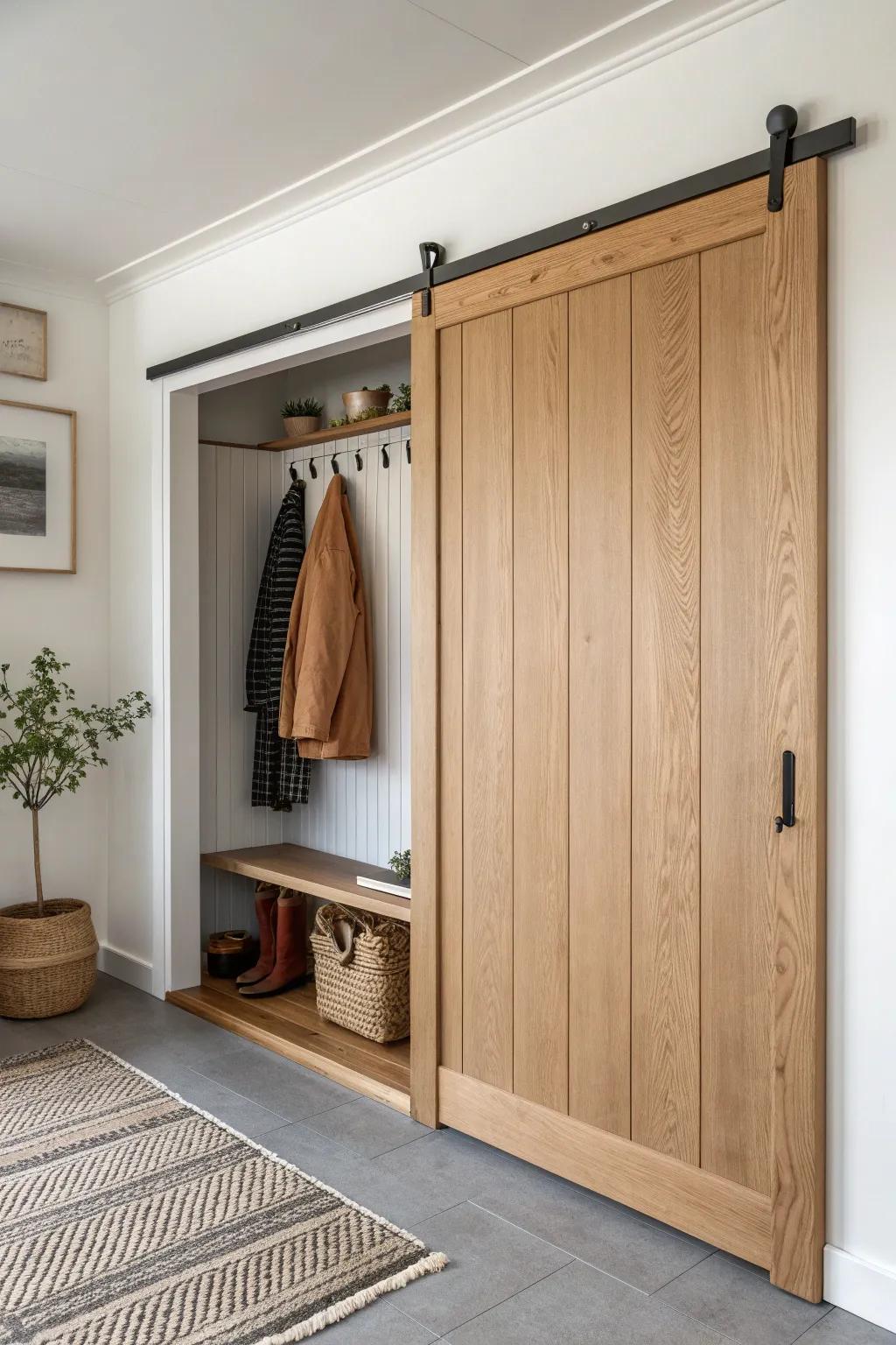 A sleek sliding wood panel hides coats and clutter—minimal, warm, and beautifully crafted.