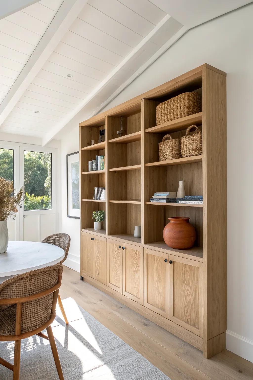 Tall oak built-ins draw the eye up—adding warmth, storage, and drama to high ceilings.
