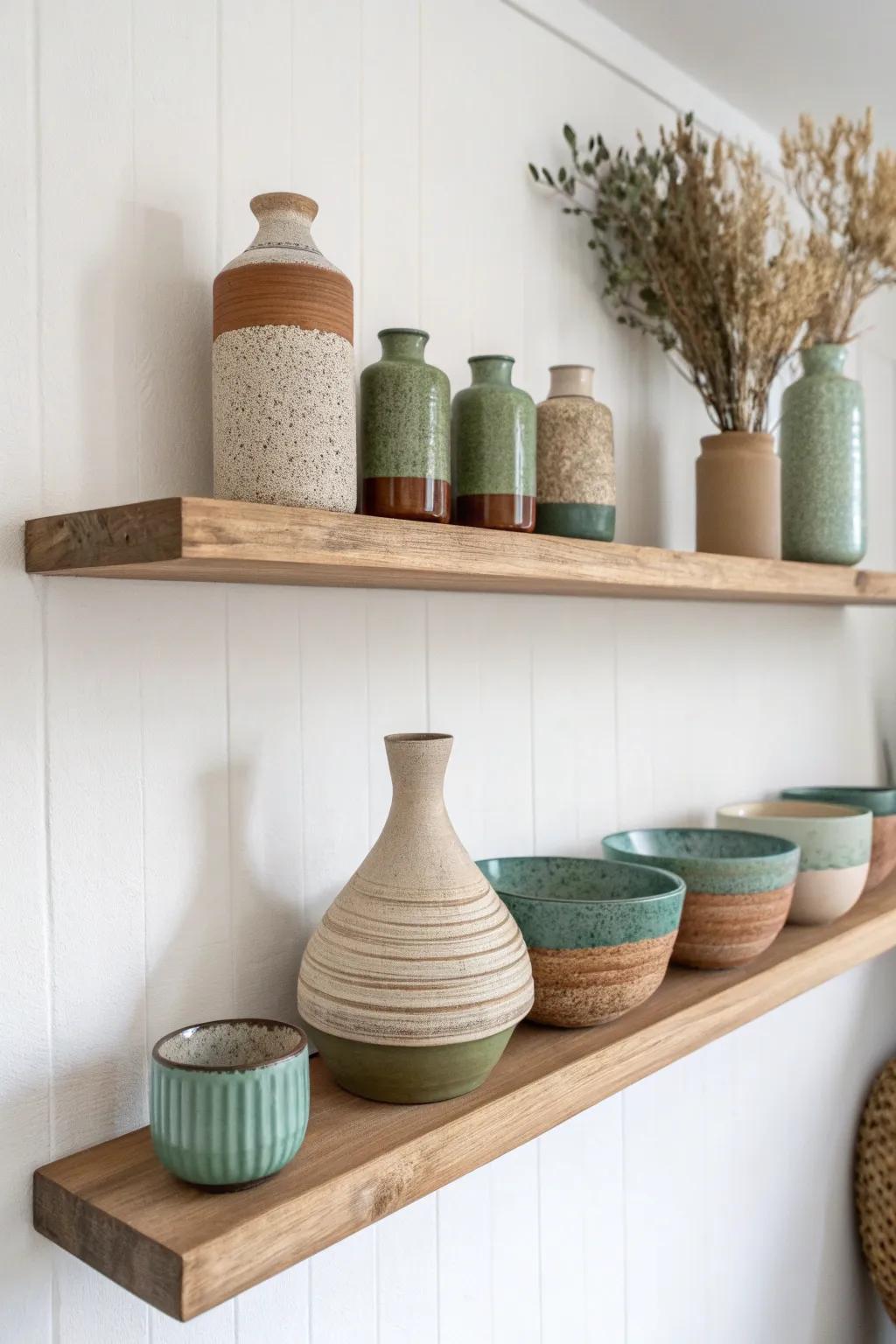 Color-blocked pottery on a high shelf—earthy greens meet warm neutrals in a curated set.