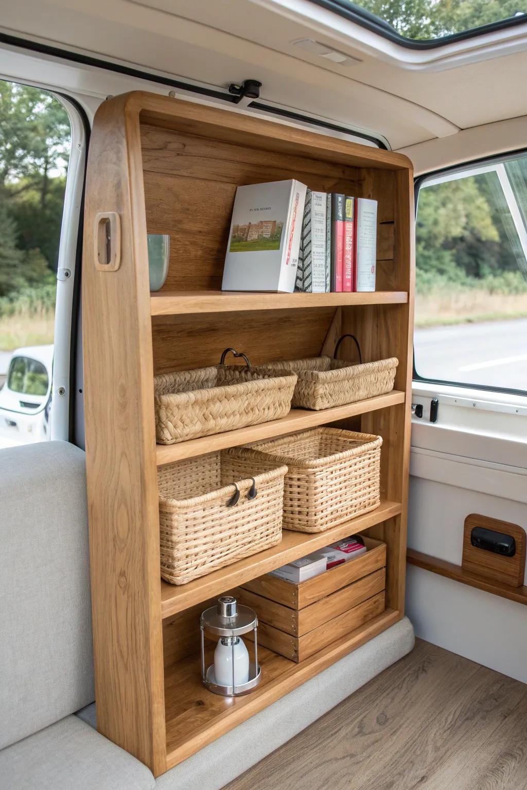 Open oak shelves with wicker baskets—boho van storage that stays put on the road.