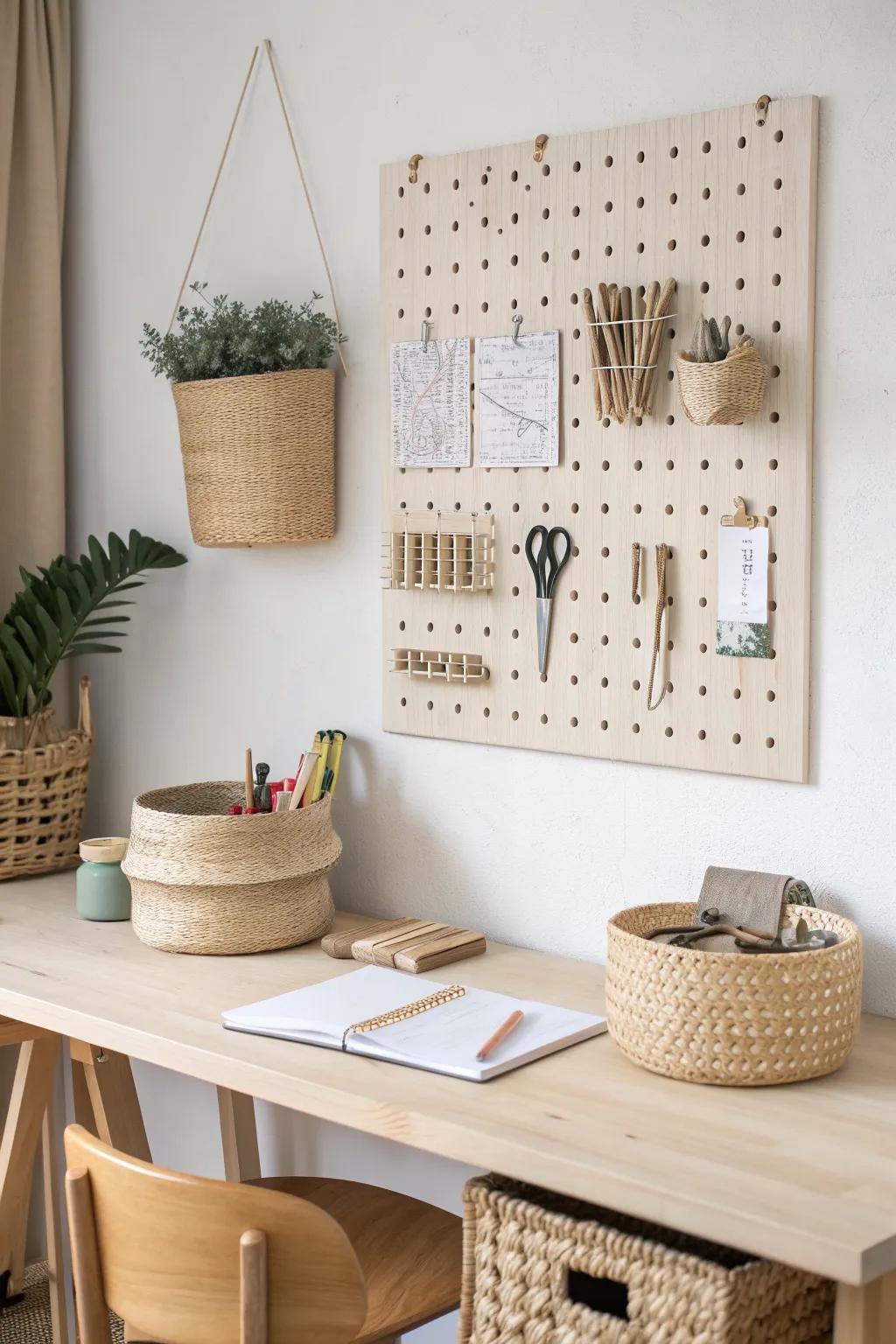 Wall-mounted pegboard: tools grouped by task for a calm, beautiful hobby desk workflow.