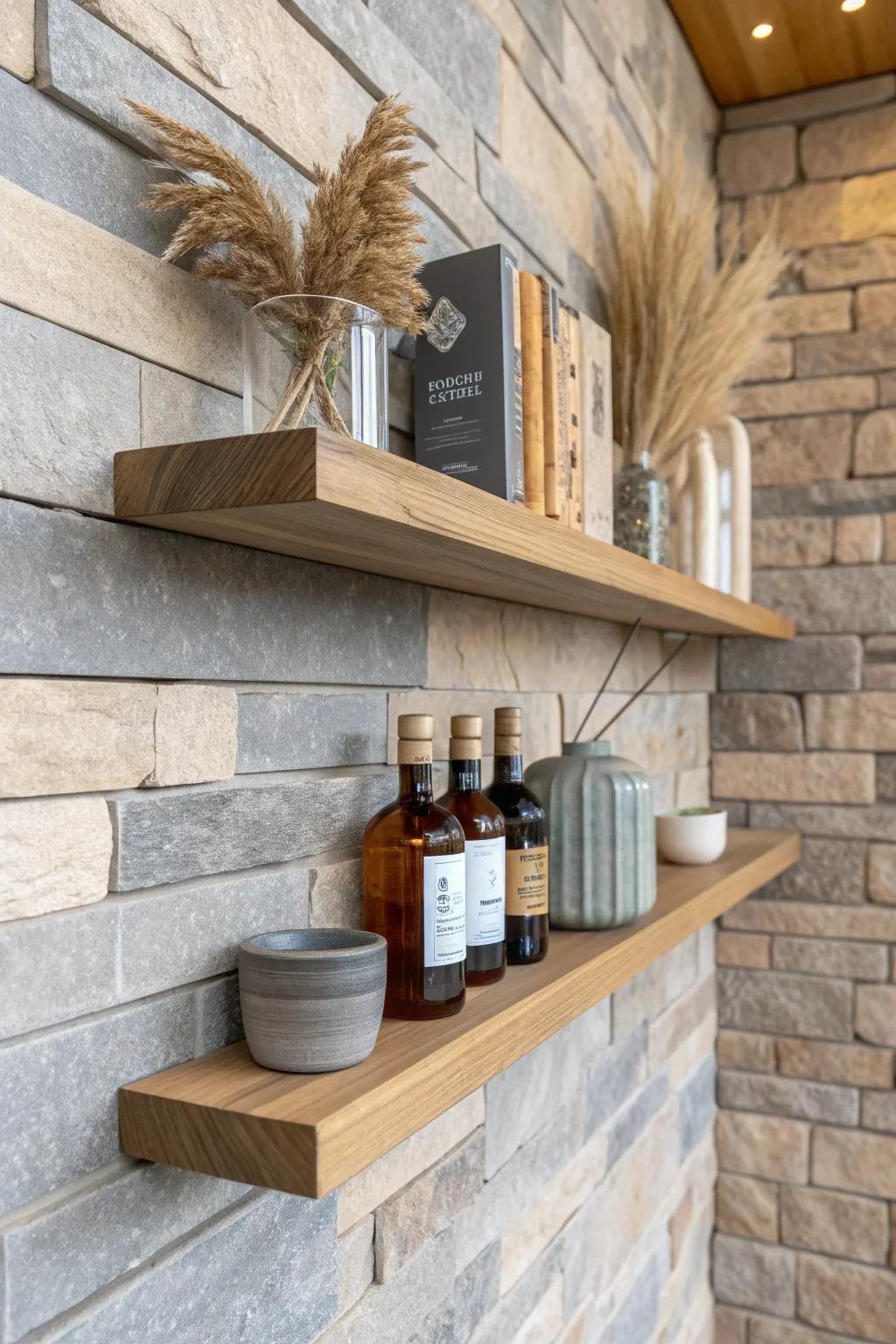 Light oak floating bar shelf against stacked stone—depth, contrast, and bottle pop.