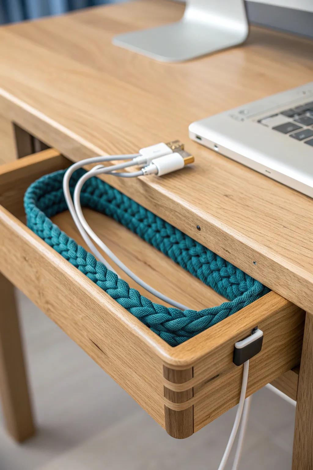 Handmade oak cable tray + braided sleeve—intentional cable control for a calm, clutter-free desk.