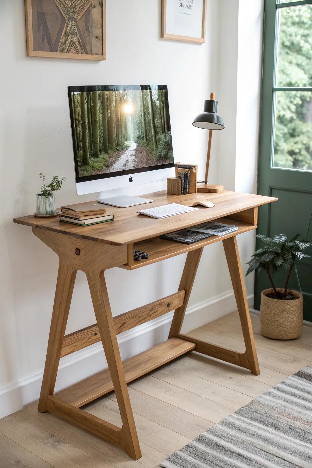 A handcrafted sit-stand desk zone—stand for calls, sit for focus, and feel energized.