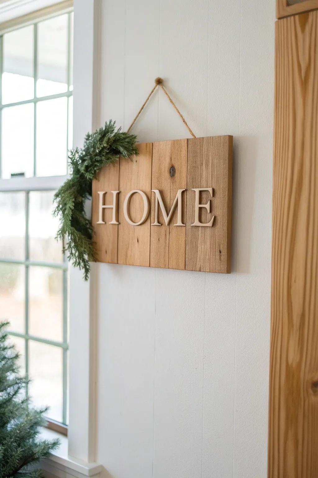 A simple greenery wreath makes a handmade HOME sign feel polished and perfectly styled.