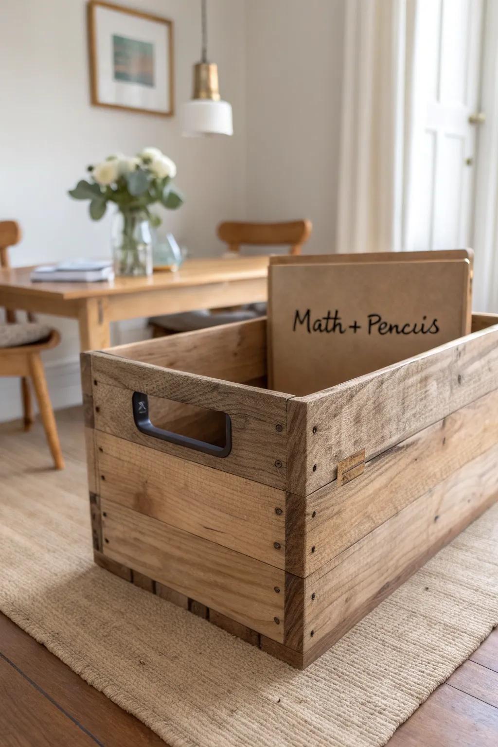 One labeled wood crate keeps homeschool essentials grab-and-go—simple, calm, and beautiful.