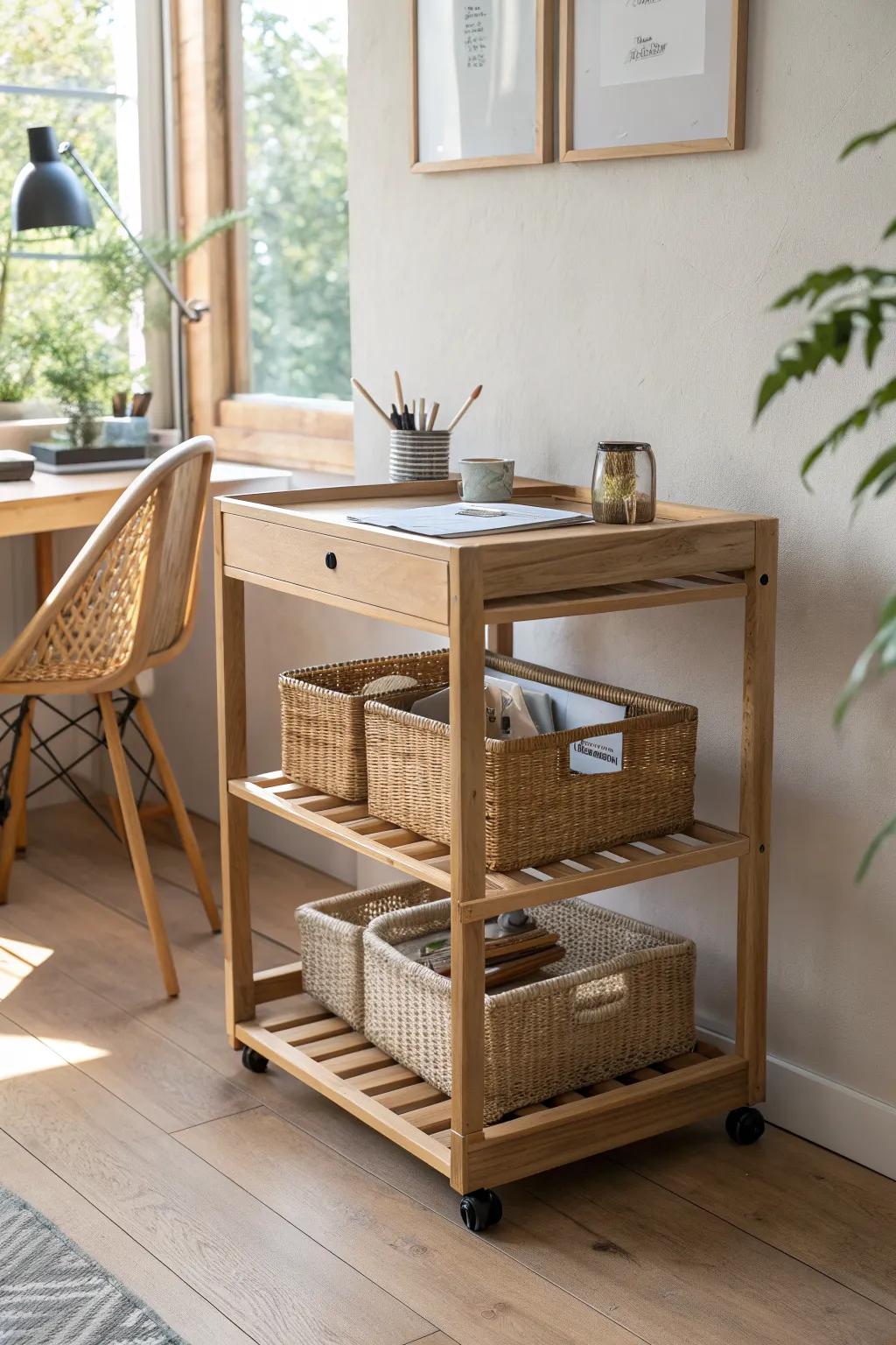 A tidy rolling cart parking bay keeps homeschool supplies in place—beautiful, calm, and practical.