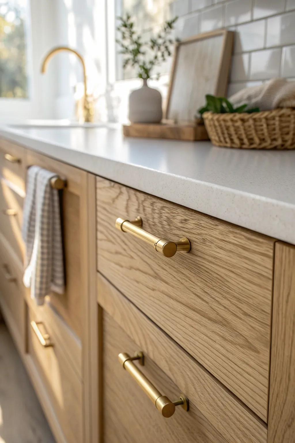 A simple swap: brushed brass pulls on pale oak add instant warmth and cozy kitchen glow.