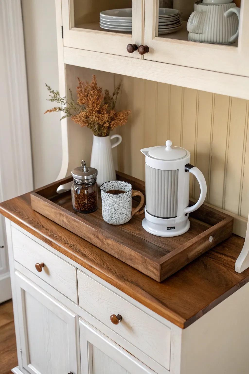 Turn your Hoosier countertop into a calm coffee station—tray-styled, minimal, and beautiful.