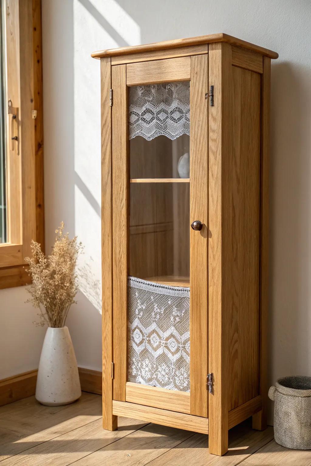 Lace behind glass adds soft vintage charm—light-filtering, cozy, and beautifully collected.