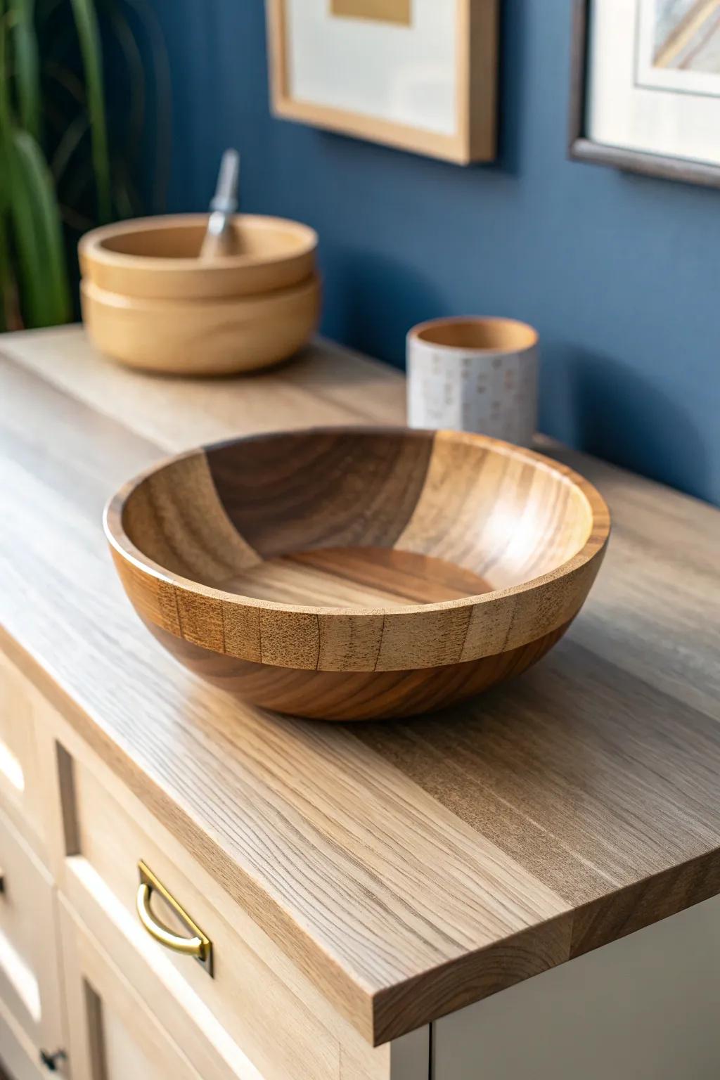 A handcrafted walnut catch-all bowl adds warmth and keeps everyday treasures in one spot.