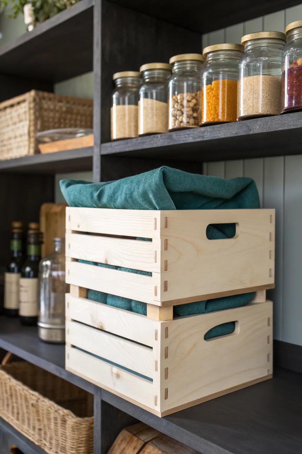Stackable wooden crates tame deep pantry shelves—store backstock behind, keep daily items in front.