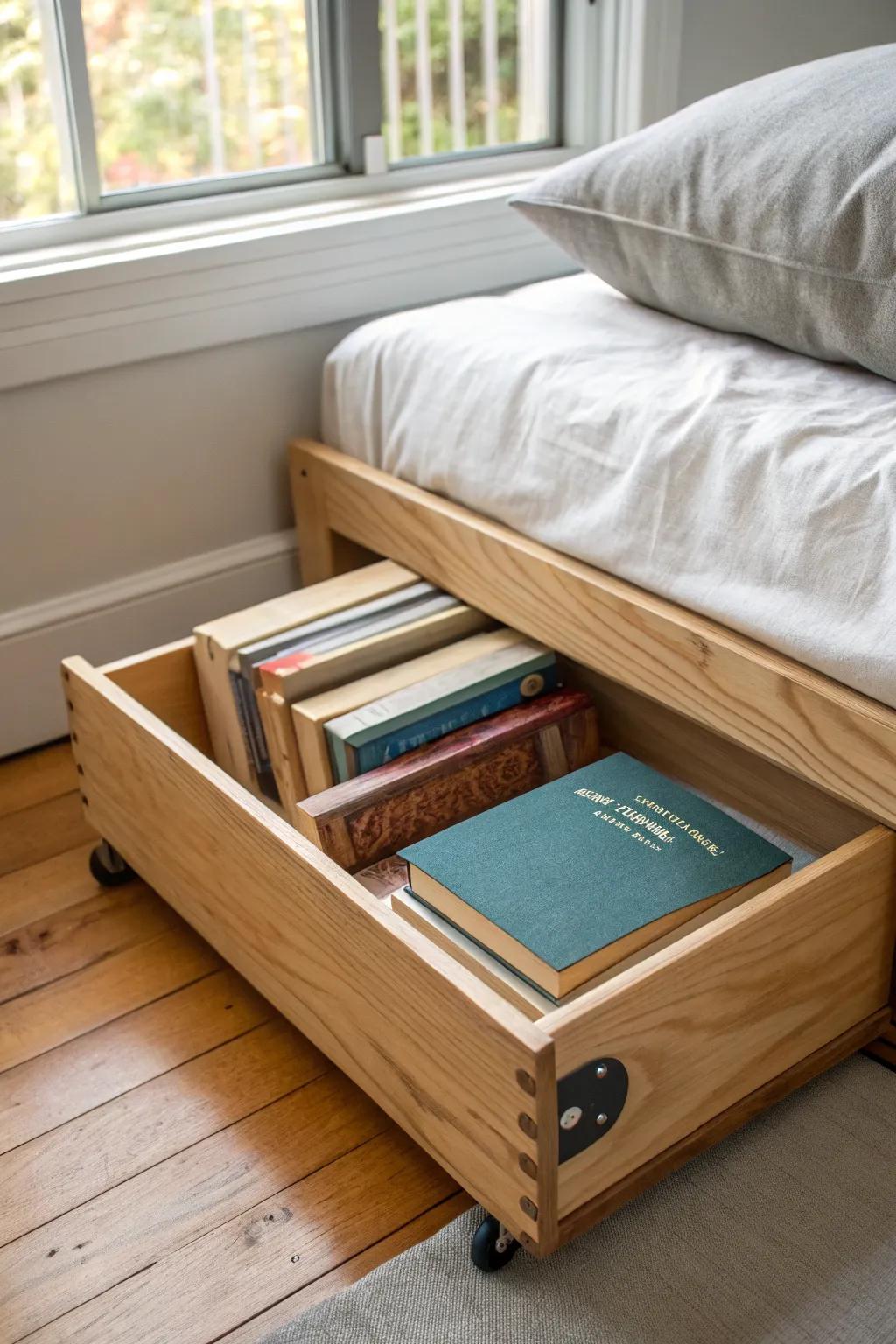 Under-bed rolling wood crate with linen liner—dust-friendly book storage for small rooms.