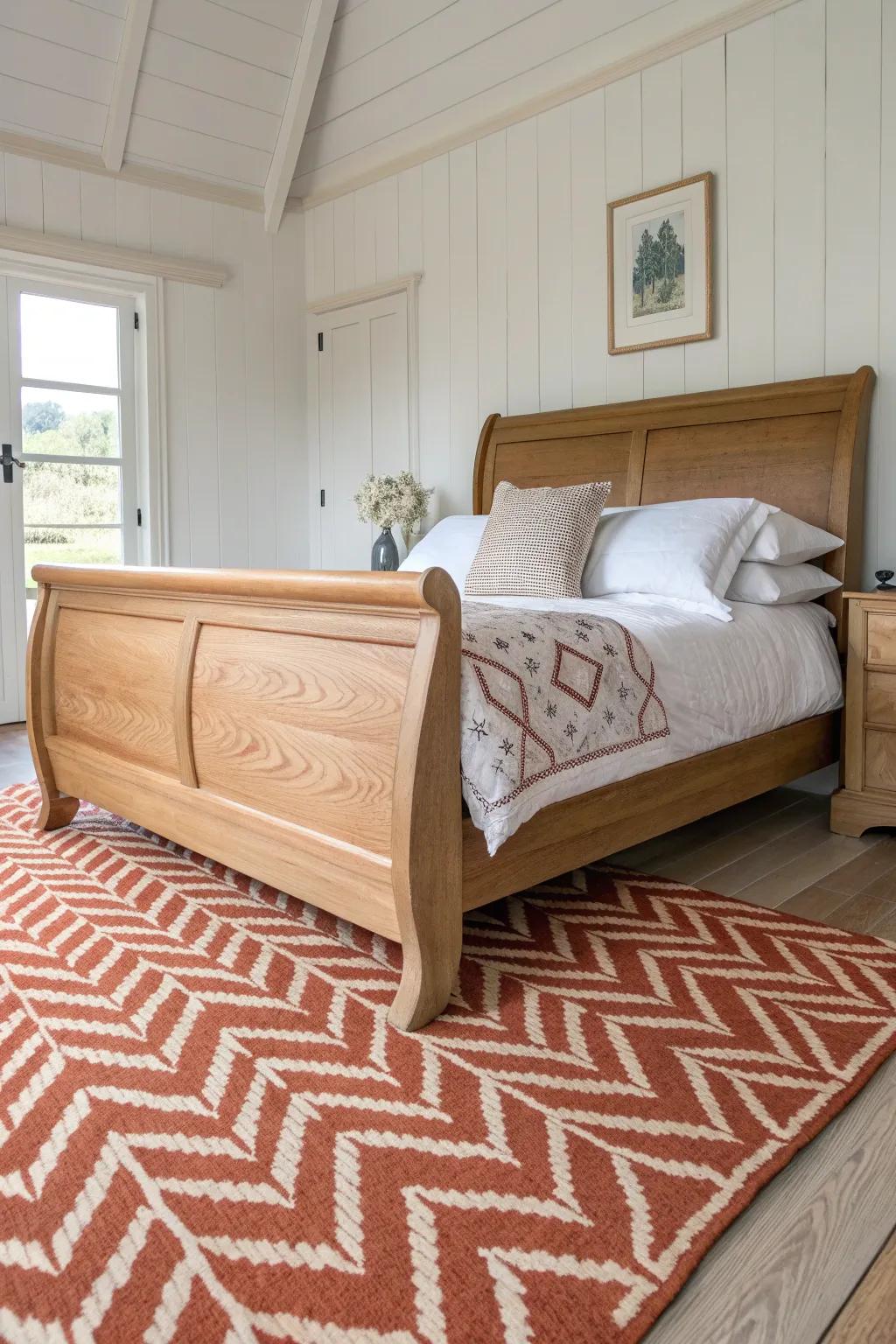 An oversized rug under a sleigh bed breaks up wood tones and makes the curved footboard feel lighter.