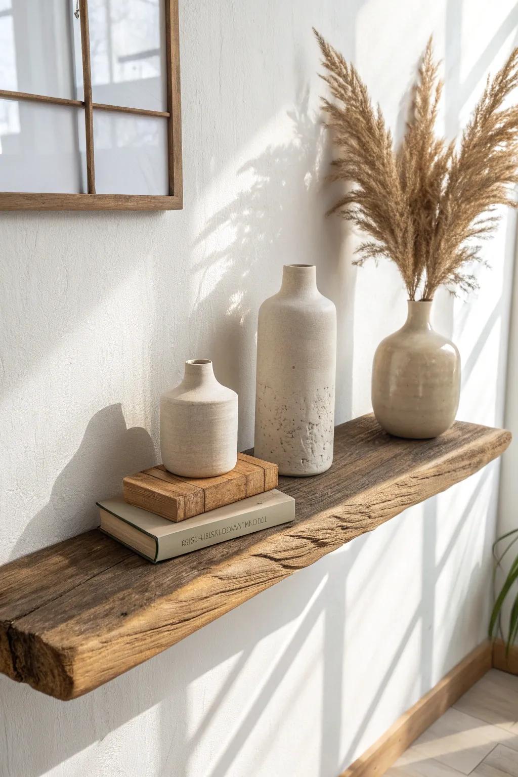 Curated open shelf calm: reclaimed wood, neutral ceramics, and a tiny stack of books.