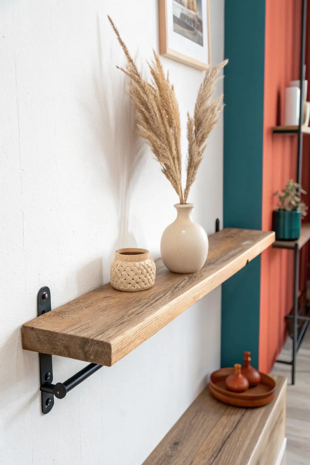 Industrial pipe + warm oak shelf: minimalist strength with a soft Scandinavian-boho vibe.