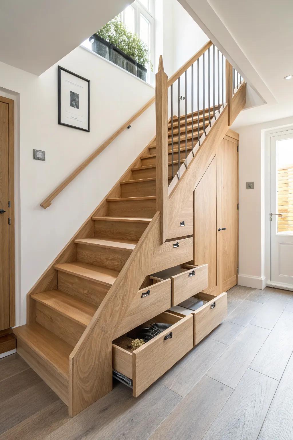 A spiral swap: sleek oak stairs with hidden drawers and a tall broom closet underneath.