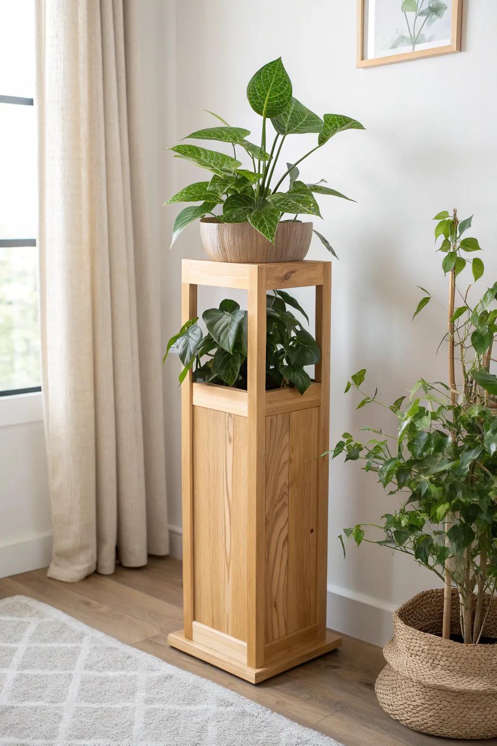A slim oak corner tower plant box—vertical greenery that saves floor space in style.