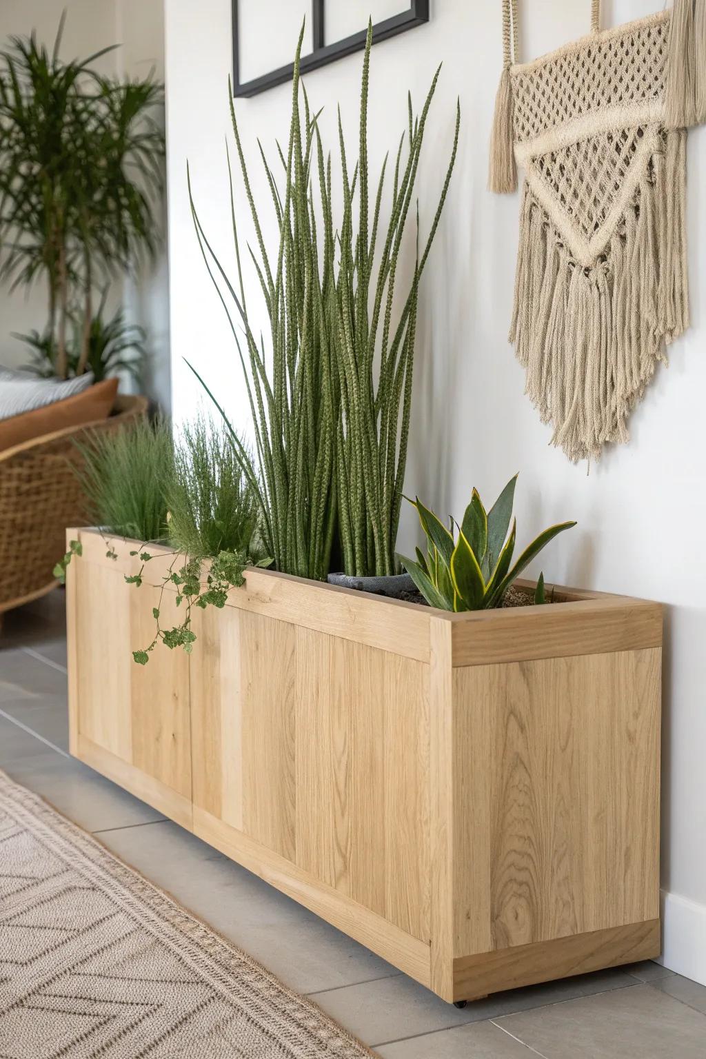 A tall oak planter divider that adds privacy, light, and lush greenery to open spaces.