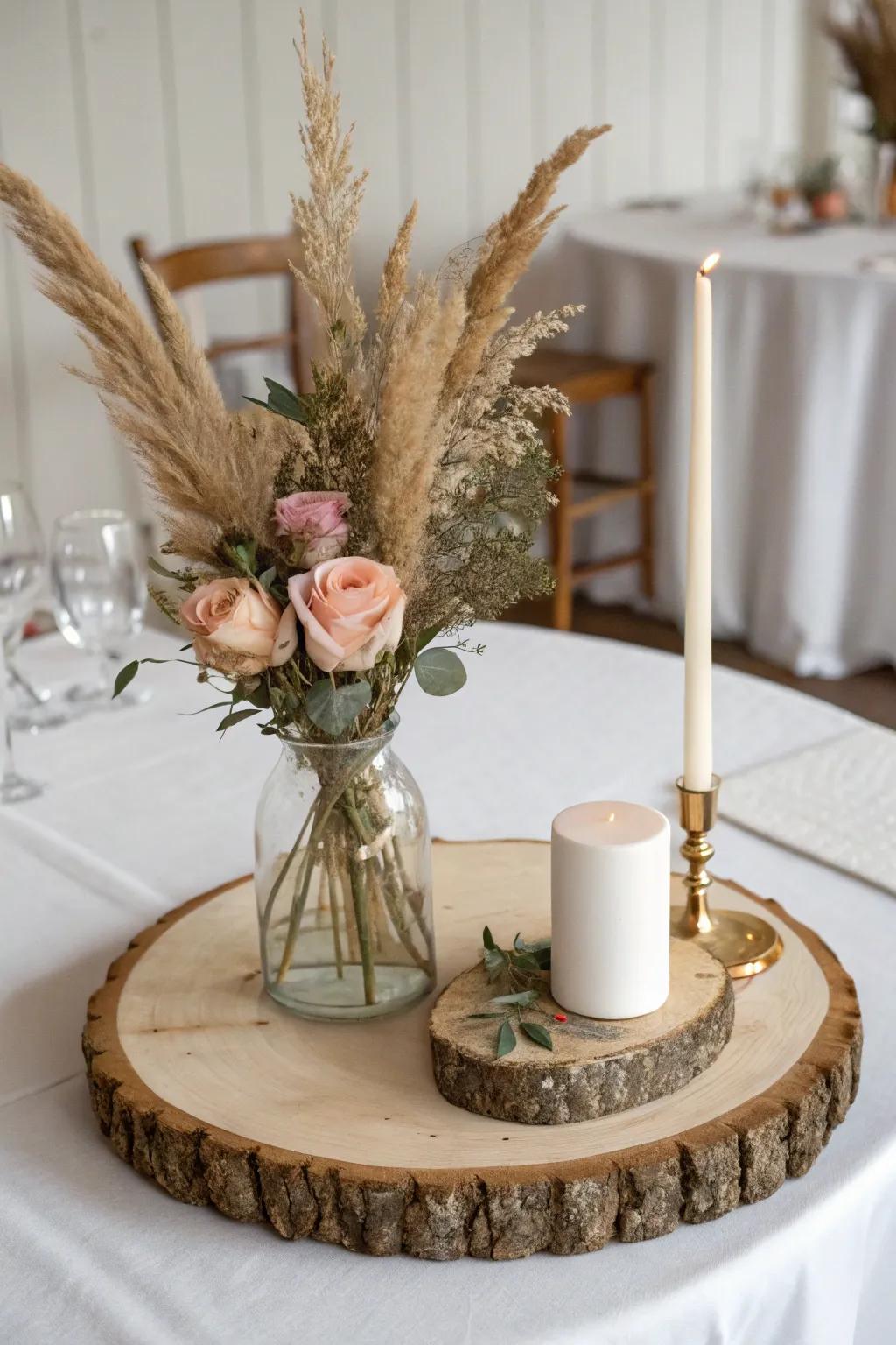 Sealed wood-slice chargers add rustic warmth under vases and candles—clean, timeless, elegant.