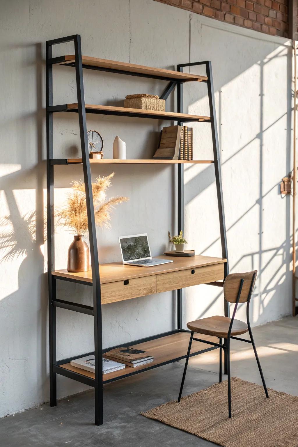 Steel-and-oak shelving that drops into a desk—industrial home office, light and minimal.