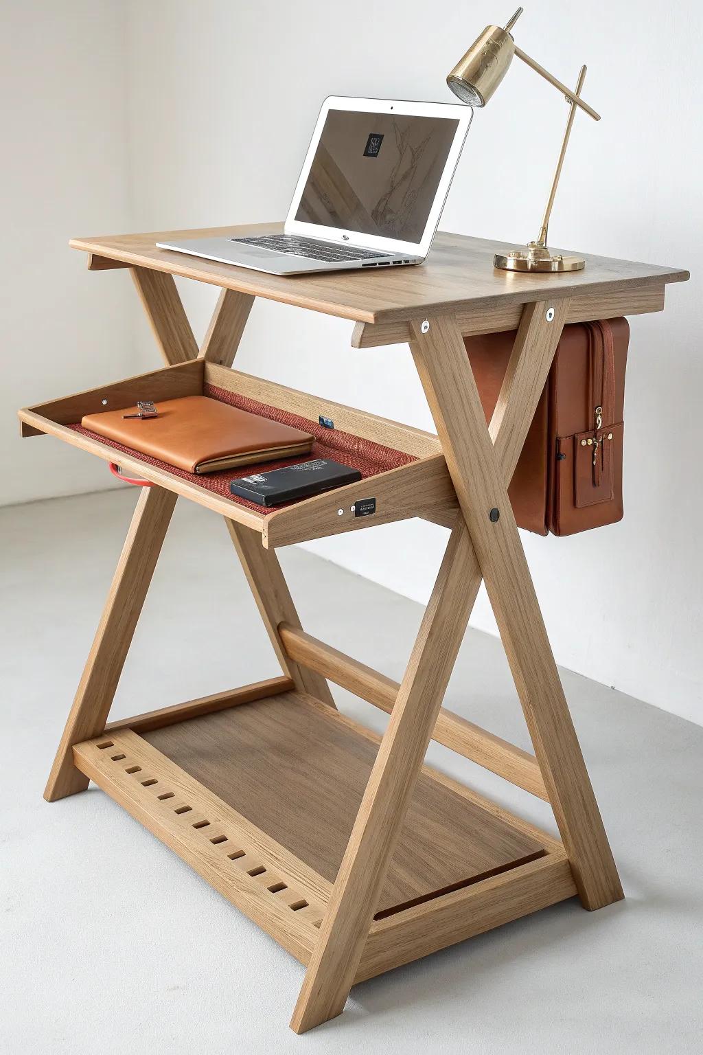 Split-level sit-stand desk in oak—minimal, bold terracotta accent, crafted for posture ease.