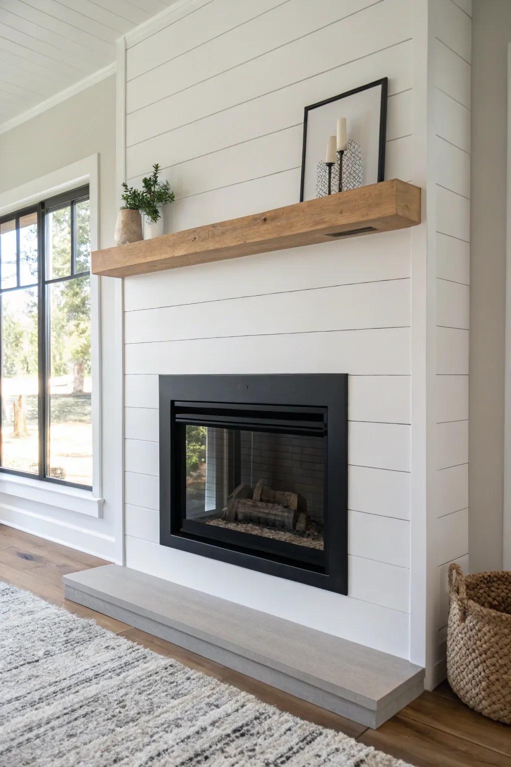 Crisp shiplap lines and a flush inset fireplace for a wider, modern farmhouse focal point.