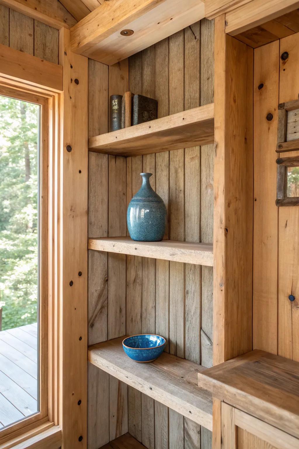 Wraparound salvaged-wood shelves that hug the treehouse walls—space-saving and storybook-pretty.